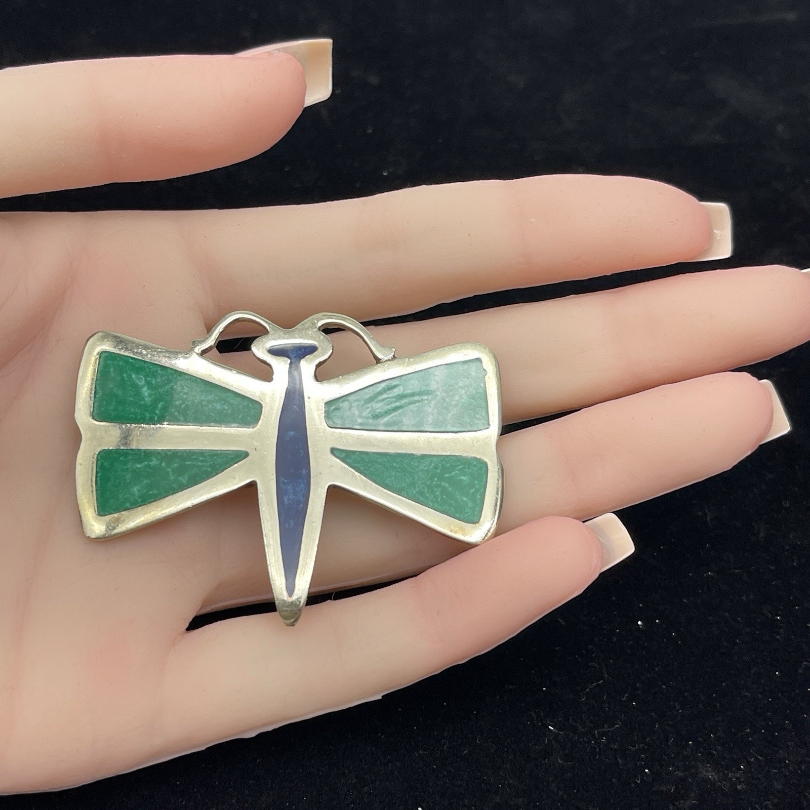 Alpaca Mexico Dragonfly Moth Insect Green Blue Inlay Brooch Pin Pendant